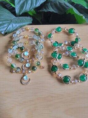 Handcrafted Green Bling Stretch Beaded  Bracelet Set Of 6